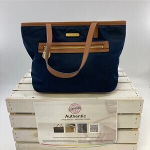 MICHAEL KORS, NAVY BLUE, BROWN LEATHER SHOULDER BAG